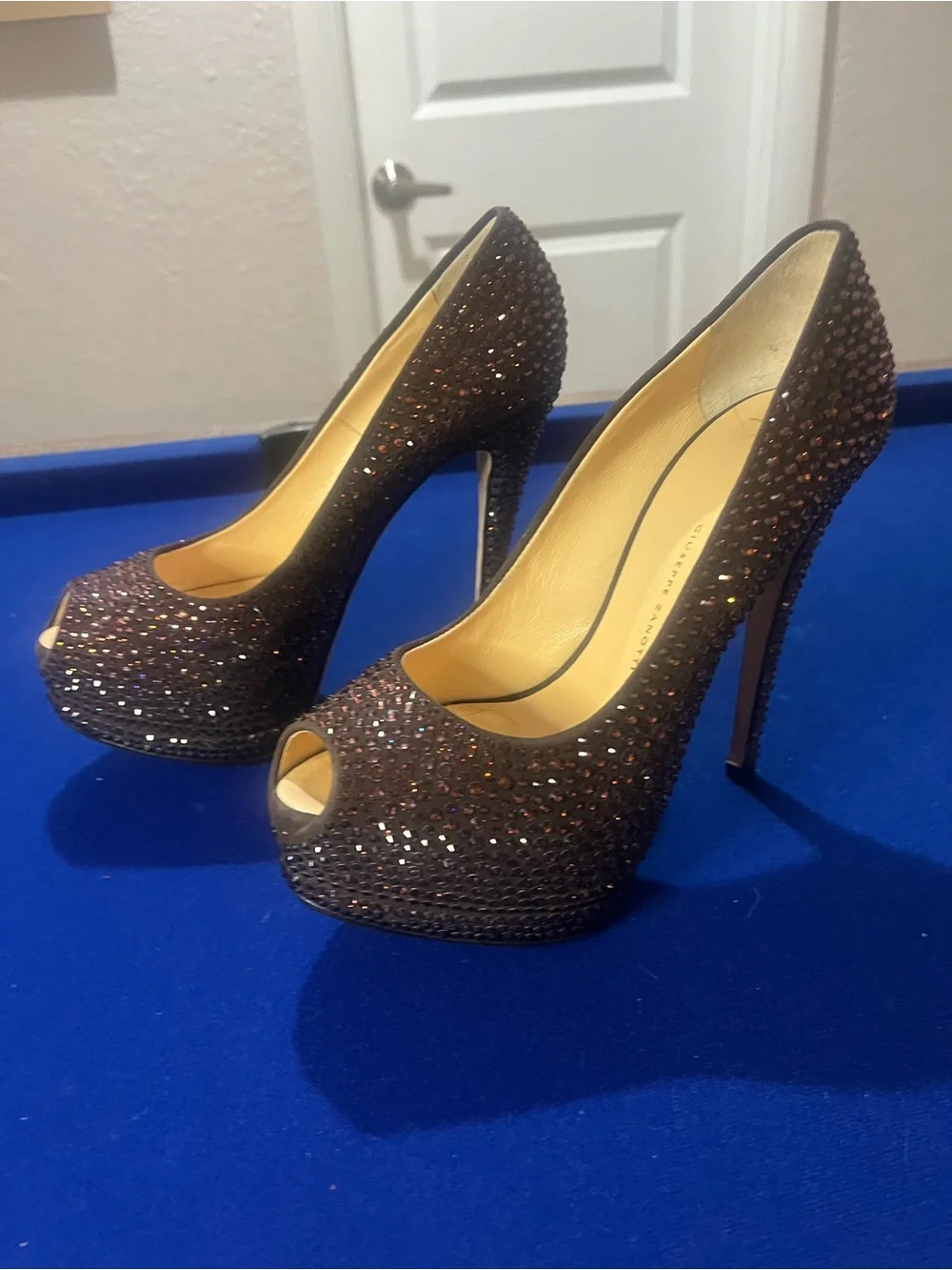 Giuseppe Zanotti Brown Crystal Peep-Toe Stiletto Pumps